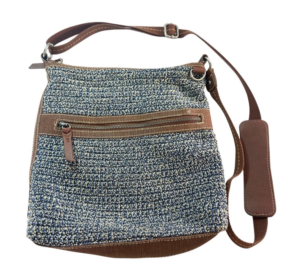 The Sak Crochet Crossbody Bag Blue Brown Adjustable Strap Boho Purse
